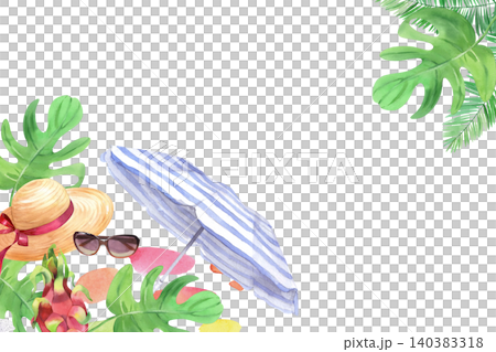 Corner frame of the umbrella, monstera, palm leaf, straw hat, sunglasses, pitahaya and watercolor spots. Watercolor illustration for design, cards, cover, prints, product labels and fabric Corner frame of the umbrella, monstera, palm leaf, straw hat, sunglasses, pitahaya and watercolor spots. Watercolor illustration for design, cards, cover, prints, product labels and fabric 140383318