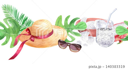 Seamless border of the straw hat, sunglasses, monstera, palm leaf, glass with smoothie and bowl. Watercolor illustration for design, cards, prints Seamless border of the straw hat, sunglasses, monstera, palm leaf, glass with smoothie and bowl. Watercolor illustration for design, cards, prints 140383319