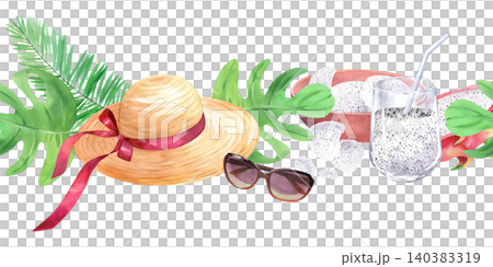 Seamless border of the straw hat, sunglasses, monstera, palm leaf, glass with smoothie and bowl. Watercolor illustration for design, cards, prints Seamless border of the straw hat, sunglasses, monstera, palm leaf, glass with smoothie and bowl. Watercolor illustration for design, cards, prints 140383319