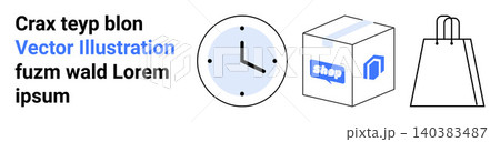 E-commerce, logistics, time tracking, retail, delivery services, shipping concept. Clock, shopping bag and package with shop label . E-commerce and logistics ideas E-commerce, logistics, time tracking, retail, delivery services, shipping concept. Clock, shopping bag and package with shop label . E-commerce and logistics ideas 140383487