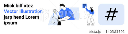 E-commerce, social media, teamwork, branding, content creation, design projects. Digital shopping symbol, metadata tag and person drawing. E-commerce and social media branding concept 140383591
