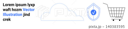 Data protection, cloud storage, online shopping, cybersecurity, internet safety, digital commerce. Cloud, shield with checkmark shopping cart icons. Cloud storage and online shopping Data protection, cloud storage, online shopping, cybersecurity, internet safety, digital commerce. Cloud, shield with checkmark shopping cart icons. Cloud storage and online shopping 140383595