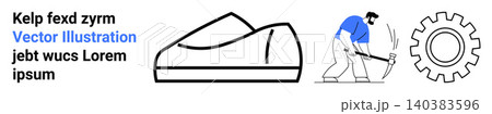 Industry, labor force, productivity, gear systems, product design, manual work. Worker using pickaxe, shoe design gear symbol. Industry and labor force conceptual 140383596