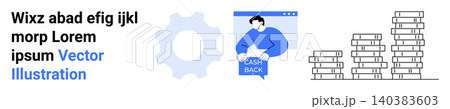 Financial management, cashback services, e-commerce, fintech solutions, savings tools, online transactions. Person holding cashback card, gear stacks of coins. Cashback services and financial Financial management, cashback services, e-commerce, fintech solutions, savings tools, online transactions. Person holding cashback card, gear stacks of coins. Cashback services and financial 140383603