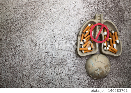 Stop smoking concept with lung ashtray and globe Stop smoking concept with lung ashtray and globe 140383761