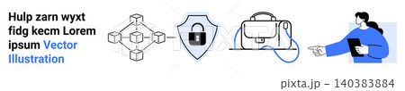 Blockchain systems, virtual reality, cybersecurity, education technology, secure data, encryption. Blockchain diagram, shield with padlock VR headset person holding a tablet. Cybersecurity Blockchain systems, virtual reality, cybersecurity, education technology, secure data, encryption. Blockchain diagram, shield with padlock VR headset person holding a tablet. Cybersecurity 140383884