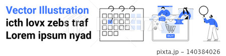 Business planning, online shopping, task management, event scheduling, collaboration, goal tracking. A calendar, shopping cart page and group working together. Business planning and online shopping 140384026