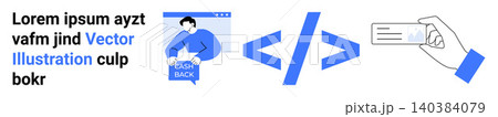 Financial transactions, programming, coding education, e-commerce, online services, digital payment. A cash back icon, coding symbol and hand holding a card. Financial transactions and programming Financial transactions, programming, coding education, e-commerce, online services, digital payment. A cash back icon, coding symbol and hand holding a card. Financial transactions and programming 140384079