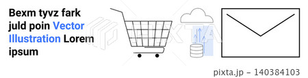 Online shopping, cloud storage, email communication, digital services, e-commerce, technology. Features a shopping cart, cloud with an upload arrow and an envelope symbol. Online shopping and cloud 140384103