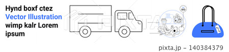 Logistics, delivery process, shipping, package tracking, e-commerce, barcode identification. Graphic showing a truck, packages in transit and a bag with a barcode tag. Logistics and delivery process Logistics, delivery process, shipping, package tracking, e-commerce, barcode identification. Graphic showing a truck, packages in transit and a bag with a barcode tag. Logistics and delivery process 140384379