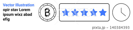 Cryptocurrency, customer satisfaction, time management, digital finance, online reviews, blockchain economy. Bitcoin symbol, five-star ratings bar and clock icon. Cryptocurrency and customer Cryptocurrency, customer satisfaction, time management, digital finance, online reviews, blockchain economy. Bitcoin symbol, five-star ratings bar and clock icon. Cryptocurrency and customer 140384393