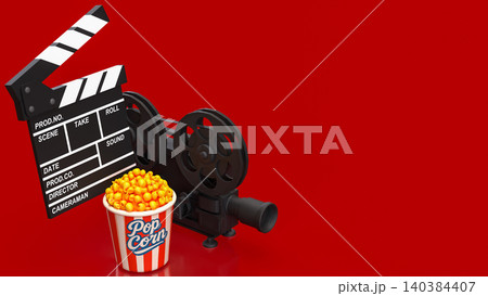 Creative Cinema Night With Popcorn And Vintage Film Equipment 3d render. Creative Cinema Night With Popcorn And Vintage Film Equipment 3d render. 140384407