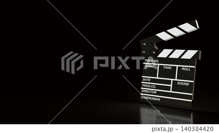 Dramatic Movie Clapperboard On Dark Studio Background 3d render. Dramatic Movie Clapperboard On Dark Studio Background 3d render. 140384420