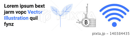 Technology, internet, blockchain, cryptocurrency, sustainability, digital data. Blue wireless symbol, blockchain circuit with Bitcoin logo and minimalistic leaf design. Technology and sustainability 140384435