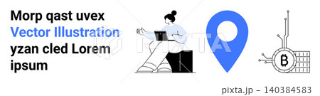 Remote work, digital economy, blockchain, geolocation services, cryptocurrency, workflow solutions. Woman using a laptop, blue map marker blockchain with cryptocurrency element. Remote work 140384583