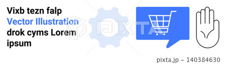 E-commerce, digital operations, online services, teamwork, communication, automation. Blue gear and shopping cart in speech bubble, text hand icon outline. E-commerce and digital operations concept 140384630