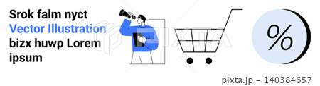 Marketing, e-commerce, shopping, discount offers, consumer behavior, business strategy. Person with telescope, shopping cart and discount icon. Marketing and e-commerce captured 140384657