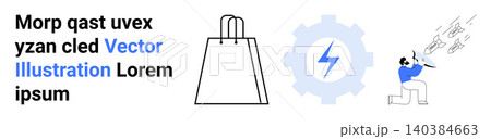 E-commerce, innovation, branding, shopping, creative work, automation concept. Shopping bag, gear with lightning and person sketching ideas. E-commerce and innovation E-commerce, innovation, branding, shopping, creative work, automation concept. Shopping bag, gear with lightning and person sketching ideas. E-commerce and innovation 140384663