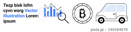 Business analytics, cryptocurrency, financial insights, digital economy, transportation concepts, technology applications. Graph with magnifier, Bitcoin symbol car icon. Business analytics 140384670