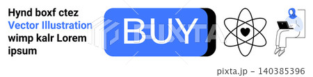 E-commerce, technology, online marketing, digital transactions, science, connectivity. Blue Buy button, atomic symbol with heart person using laptop. E-commerce and technology concept E-commerce, technology, online marketing, digital transactions, science, connectivity. Blue Buy button, atomic symbol with heart person using laptop. E-commerce and technology concept 140385396