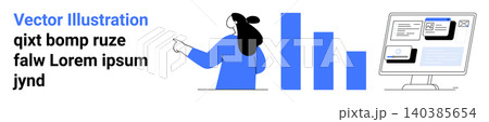 Data visualization, digital presentations, workplace analytics, business reports, productivity, education. Woman pointing to bar graphs and a desktop screen. Data visualization and digital 140385654