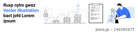 Finance, productivity, business planning, goal tracking, troubleshooting, economic trends. Stacked coins, growth graph checklist person holding tools. Finance and productivity ideas 140385675