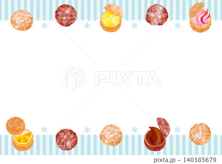 お菓子のフレーム_シュークリーム_チョコ_苺_カスタードクリーム_オレンジ_横位置_ブルー お菓子のフレーム_シュークリーム_チョコ_苺_カスタードクリーム_オレンジ_横位置_ブルー 140385679