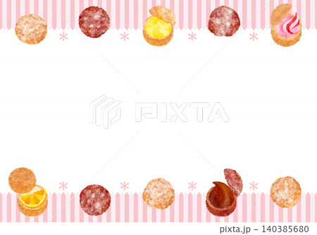 お菓子のフレーム_シュークリーム_チョコ_苺_カスタードクリーム_オレンジ_横位置_ピンク 140385680