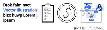 E-commerce, task management, teamwork, online shopping, digital collaboration, branding. Features a shopping cart, checklist clipboard and teamwork icon. E-commerce and task management concept E-commerce, task management, teamwork, online shopping, digital collaboration, branding. Features a shopping cart, checklist clipboard and teamwork icon. E-commerce and task management concept 140385688