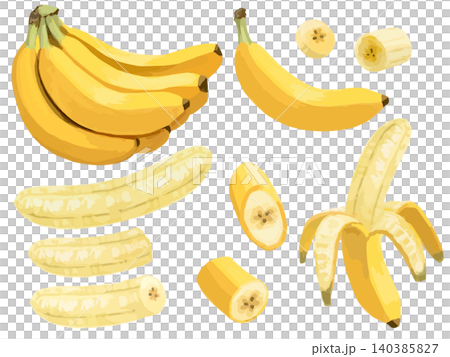 Banana set (one banana, peeled, partially peeled, sliced, and halved) Banana set (one banana, peeled, partially peeled, sliced, and halved) 140385827