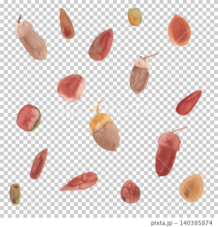 A set of many gentle acorns and nuts painted in hand-painted watercolors. 140385874