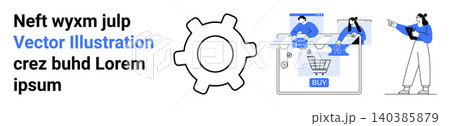 E-commerce, online shopping, digital transactions, technology, business solutions, website interface. People interacting with a shopping cart icon. E-commerce and online shopping concept 140385879