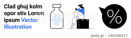 Healthcare, technology, literature, online learning, medicine, data analysis. Bottle, person on a box reading percentage sign. Healthcare and technology innovation 140386017