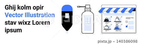 E-commerce, healthcare, online shopping, digital marketing, product display, shop visuals. Digital storefront showing products alongside medical items. E-commerce and healthcare focus showcased 140386098