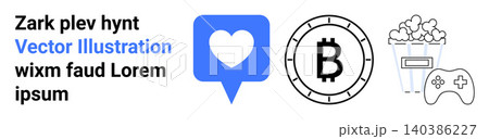 Social media, cryptocurrency, digital finance, entertainment, gaming, online interaction. Blue heart in a speech bubble, Bitcoin coin popcorn gaming controller. Social media and cryptocurrency Social media, cryptocurrency, digital finance, entertainment, gaming, online interaction. Blue heart in a speech bubble, Bitcoin coin popcorn gaming controller. Social media and cryptocurrency 140386227