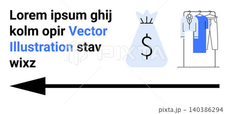 Financial planning, retail shopping, economic trends, fashion sales, investment direction, market growth. A money bag, clothes on a rack and arrow pointing left. Financial planning and retail 140386294