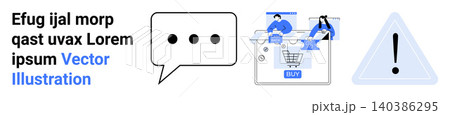 E-commerce, digital security, customer interaction, online transactions, warning signs, user experience. Includes shopping cart, chat bubble and hazard icon. E-commerce and digital security concept E-commerce, digital security, customer interaction, online transactions, warning signs, user experience. Includes shopping cart, chat bubble and hazard icon. E-commerce and digital security concept 140386295