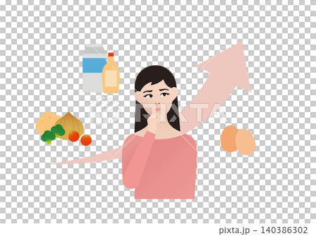 Vector illustration of a woman struggling with rising food costs. Vector illustration of a woman struggling with rising food costs. 140386302