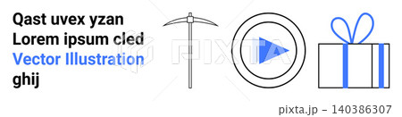Digital design, user interface, gaming, entertainment, education, and celebration. A pickaxe, blue play button and gift box with text. Gaming and entertainment-themed design elements Digital design, user interface, gaming, entertainment, education, and celebration. A pickaxe, blue play button and gift box with text. Gaming and entertainment-themed design elements 140386307