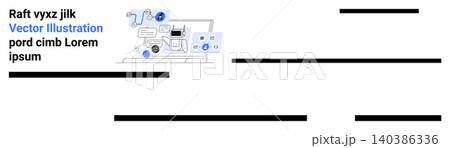 Project management, workflow optimization, digital communication, data sharing, collaboration tools, efficiency. A laptop surrounded by icons. Digital communication and project management concept Project management, workflow optimization, digital communication, data sharing, collaboration tools, efficiency. A laptop surrounded by icons. Digital communication and project management concept 140386336