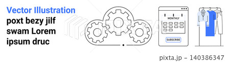 Automation, technology, workflow, engineering, subscription services, retail systems. Three icons gears, a digital interface with a subscription button and a clothing hanger. Automation Automation, technology, workflow, engineering, subscription services, retail systems. Three icons gears, a digital interface with a subscription button and a clothing hanger. Automation 140386347