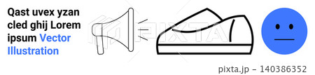 Marketing, fashion, communication, expression, emotions, branding. Speaker icon, shoe design and neutral face emotion. Communication and fashion as minimalist icons 140386352