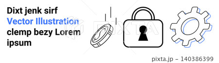 Cybersecurity, privacy, technology, data protection, digital security, encryption. A lock and gear symbol alongside abstract text. Cybersecurity and privacy iconography Cybersecurity, privacy, technology, data protection, digital security, encryption. A lock and gear symbol alongside abstract text. Cybersecurity and privacy iconography 140386399