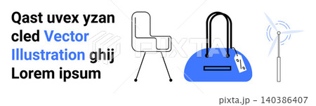 Office decor, fashion accessories, renewable energy, eco-friendly design, product marketing, minimalism. Chair, handbag and wind turbine on a plain background. Office decor and fashion accessories 140386407