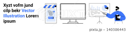 E-commerce, online shopping, data analysis, business strategy, digital marketing, consumer behavior. Shopping cart and analytics presentation. E-commerce and online shopping concept 140386443