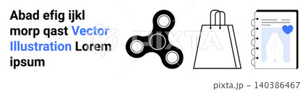 Trendy gadgets, ecommerce, digital content, online education, modern design, shopping. Spinner icon, shopping bag and notebook with blue heart. Trendy gadgets and ecommerce concepts Trendy gadgets, ecommerce, digital content, online education, modern design, shopping. Spinner icon, shopping bag and notebook with blue heart. Trendy gadgets and ecommerce concepts 140386467