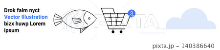 Online shopping, notifications, digital purchases, seafood, e-commerce platforms, creative minimalism. A fish drawing, shopping cart with notification and a cloud. E-commerce platforms and online 140386640