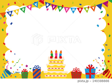 【ベクター】HAPPY BIRTHDAY文字入り 黄色を基調とした誕生日パーティー背景（横長） 140386666