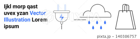 Sustainability, energy usage, weather, environmental impact, shopping, daily life. Plug with lightning bolt, rain cloud shopping bag. Sustainability and energy usage Sustainability, energy usage, weather, environmental impact, shopping, daily life. Plug with lightning bolt, rain cloud shopping bag. Sustainability and energy usage 140386757