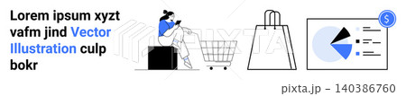 E-commerce, retail, online shopping, marketing analysis, consumer habits, and data visualization. Woman with shopping cart, bag and revenue chart. E-commerce and retail-focused composition E-commerce, retail, online shopping, marketing analysis, consumer habits, and data visualization. Woman with shopping cart, bag and revenue chart. E-commerce and retail-focused composition 140386760